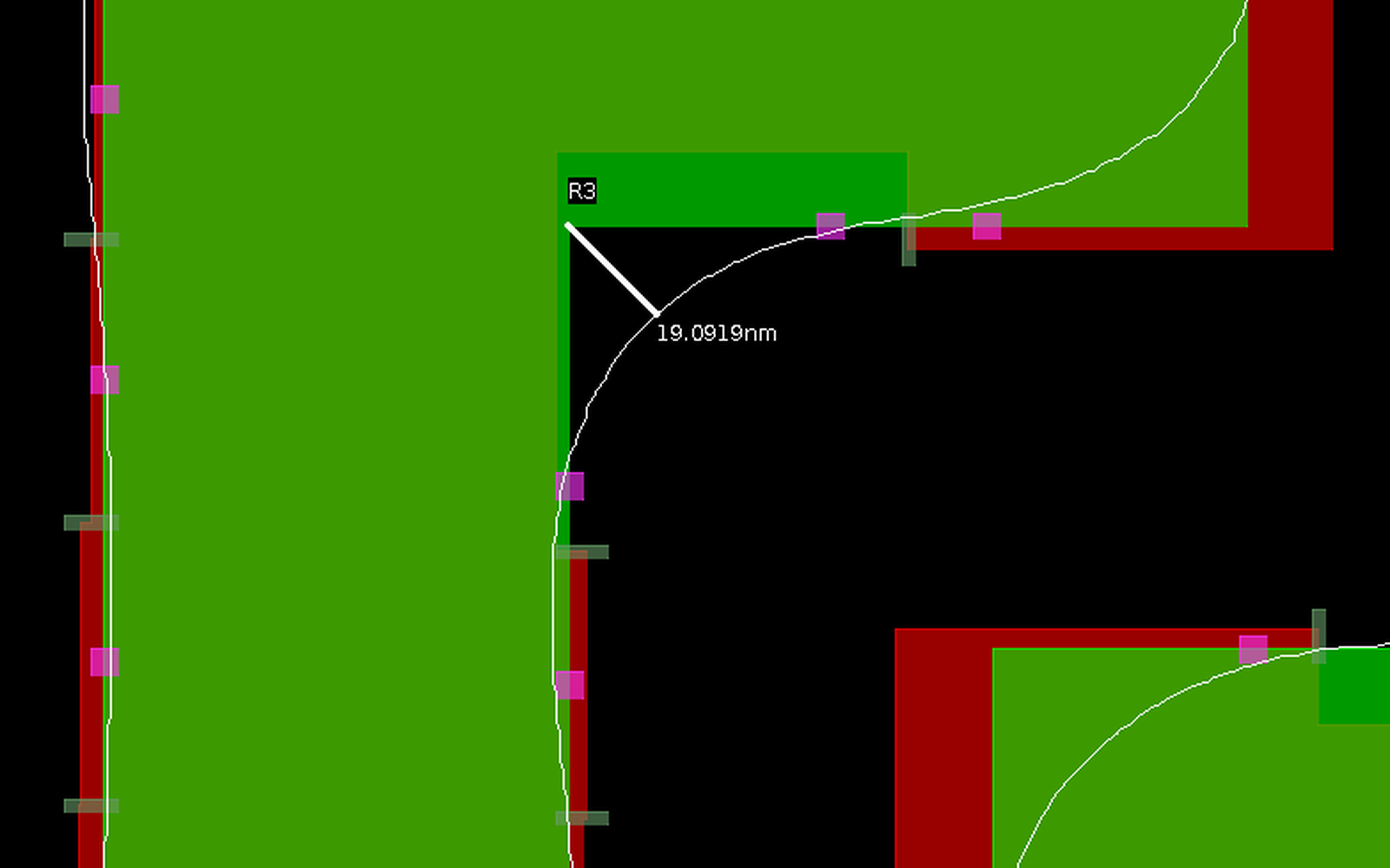 Split recipe 적용 후 Corner Rounding 19.09nm 측정 화면 (Synopsys Proteus)